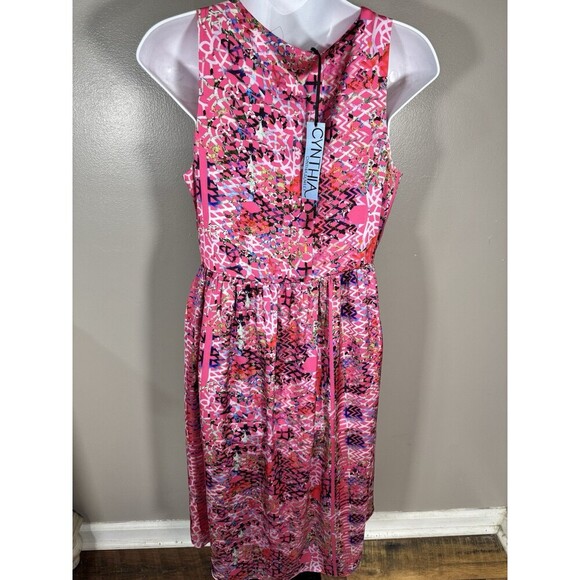 Cynthia Rowley 6 Pink Lattice Garden V Neck Hi Low Hem Pleated Sleeveless Dress - Picture 3 of 9